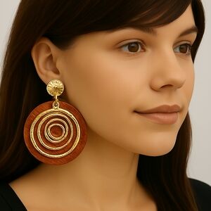 Gold Tone Hoop Brown Faux Leather Circle Shape 1.25" Earrings - Fashion Jewelry
